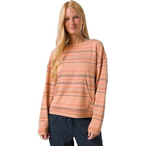 prAna Women’s Cozy Up Suncation Top Pink Sand Multi Stripe Relaxed Hemp L EUC - Picture 1 of 16